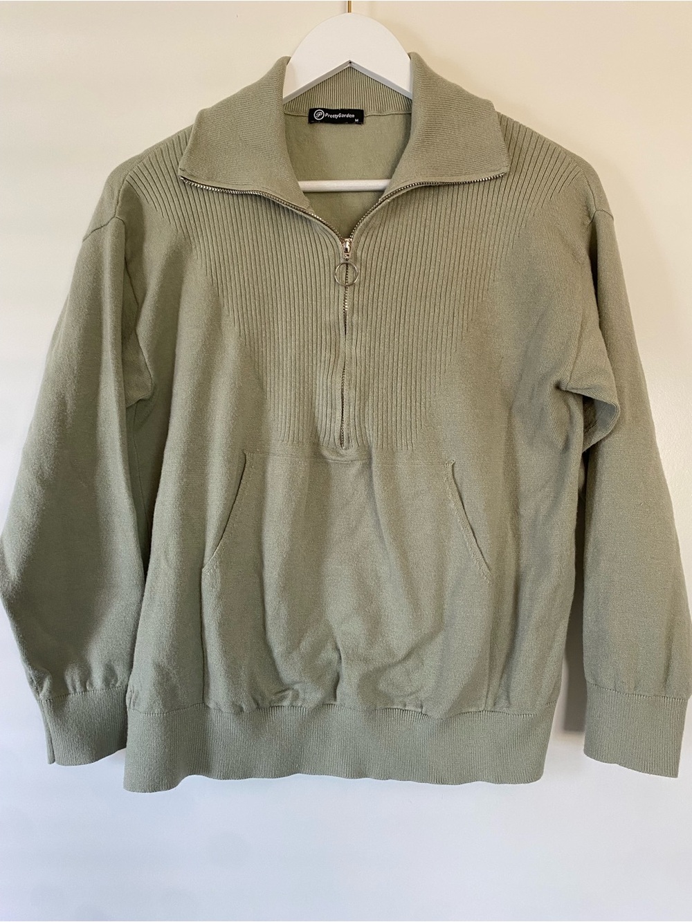 Half-Zip Ribbed Design Pullover Sweatshirt in Olive